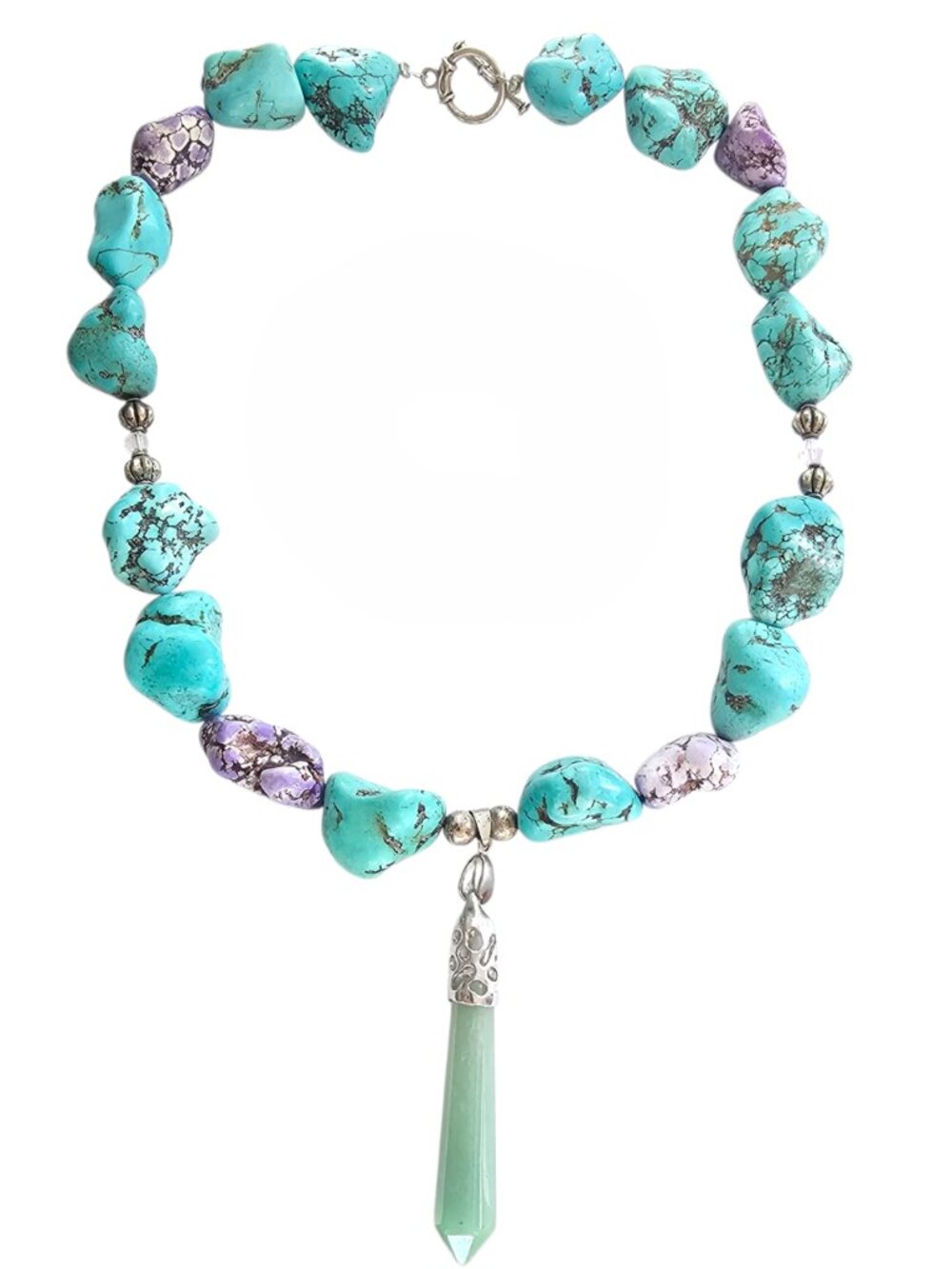 Boho Chunky Turquoise & Purple Impression Jasper Necklace with Jade Point